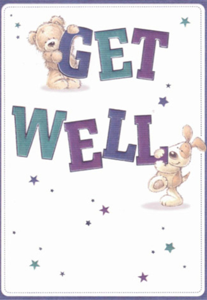 This get well card, touched with joyful creativity, feels right at home for anyone in Finsbury Park needing encouragement. The cheerful composition showcases two friendly companions-a snuggly bear with textured, caramel-toned fur and a floppy-eared puppy with a gentle, inviting expression. Surrounding them are playful, twinkling stars in shades of lavender and turquoise, suggesting a flurry of heartfelt wishes floating through the neighbourhood's leafy streets. The typography dominates the centre, its large, rounded letters painted vividly with purples and aquas, grounding the design with a reassuring energy. There's a tactile softness to the textured fur and the card's luminous finish-a sensation close to running your fingers over a hand-tied bouquet from the local florists near Finsbury Park station. Imagining this card delivered alongside fresh blooms to a loved one recovering at home on Blackstock Road brings a sense of warmth and community. Each visual element, from the buoyant shapes to the balanced, light-filled background, projects positivity and gentle reassurance. The mood is airy and sincere, echoing the supportive spirit that flourishes throughout the Finsbury Park area, and makes this card-and perhaps an accompanying bouquet-a wonderful boost for anyone's day.
