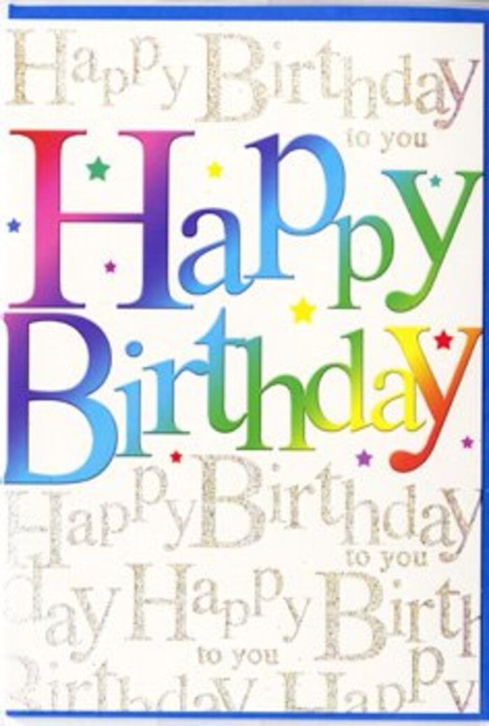 The birthday card in this image radiates upbeat energy, as if it has captured the joyful hum of a party near Finsbury Park on a bright afternoon. Dominating the front, the phrase Happy Birthday is printed in large, confident letters, each character filled with a smooth gradient that moves gracefully from deep berry tones through orange, golden yellow, lime, and turquoise into vivid blue and violet. The colours blend like a carefully composed arrangement in a florist's studio, balanced so no single hue overwhelms the others, creating harmony rather than chaos. The card stock appears thick and refined, with a satin sheen that reflects just enough light to make the colours glow without appearing glossy or reflective. Tiny multicoloured dots and small, stylised stars are scattered around the main message, echoing the carefree feel of confetti thrown after a round of birthday songs at a café off Stroud Green Road. Underneath and around all of this, the background is alive with looping golden script that repeats the phrase Happy Birthday to you in a delicate, slightly raised metallic ink. That script catches the light a little like the soft glow of lamplight on wet pavements along Fonthill Road after rain, adding texture and depth to the otherwise smooth surface. The interplay between the assertive rainbow text and the whispering gold calligraphy makes the card feel both fun and considered, suitable for a teenager's big day or a grown-up's special milestone. It is easy to picture this card being chosen with care to accompany a colourful bouquet for same-day delivery somewhere between Finsbury Park station and the surrounding residential streets, bringing a burst of celebration through the door.