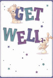 The playful energy of Finsbury Park shines through in this uplifting get well card: a fluffy teddy bear and a joyful pup seem to bounce from the card, their paws lovingly clutching bold, colourful letters that spell out 'Get Well.' The lettering itself, brushed with lively hues of indigo and teal, jumps confidently from a creamy, sunlit background, giving the scene a vibrant, almost celebratory feel. Blue and purple stars sparkle across the card like tiny bursts of hope-mirroring the lively spirit you'd find among the friendly faces and bustling flower stalls on a Saturday at Finsbury Park. The bear's and puppy's illustrated coats look luxuriously soft; even without touching, you sense their comforting embrace-a sensation akin to receiving a bouquet carefully arranged for comfort and cheer. Every brushstroke is filled with warmth and kindness, as if crafted by a local florist who understands just how much gentle encouragement means during recovery. Together, the characters, colours, and soft light create a mood of optimism-the same sense of welcome and community found in the heart of Finsbury Park, making this card a heartfelt way to send hope and soothing wishes to someone in need.