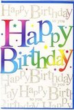 This image shows a jubilant birthday card that feels as lively as a weekend gathering in Finsbury Park itself. The front is dominated by the greeting Happy Birthday, written in bold, wide letters that flow through a rainbow gradient-starting with deep cherry red, merging into warm orange and bright yellow, and then cooling into greens, blues, and purples. Each letter holds its own band of colour, yet they blend so smoothly that the entire phrase looks like a single sweep of painterly light, reminiscent of the layered tones in a mixed seasonal bouquet laid out on a florist's bench. The card's finish looks softly satiny, giving the colours a gentle glow rather than a harsh shine. Sprinkled around the lettering are small, colourful specks and tiny star-like motifs in coordinating shades, suggesting floating confetti or sparks from a birthday candle just blown out in a home off Tollington Park. Behind the central message, a backdrop of looping golden script repeats the line Happy Birthday to you over and over in fine, elegant handwriting. This gold calligraphy has a delicate metallic sheen, catching the light much like evening sun glancing off the tops of the trees by the park's flower beds, and it fills the background without making it feel cluttered. The combination of strong rainbow type and subtle, shimmering script creates a card that feels both playful and polished. It would sit beautifully beside a bright vase arrangement delivered locally around Finsbury Park, turning an ordinary birthday greeting into something that feels like a full-hearted celebration.